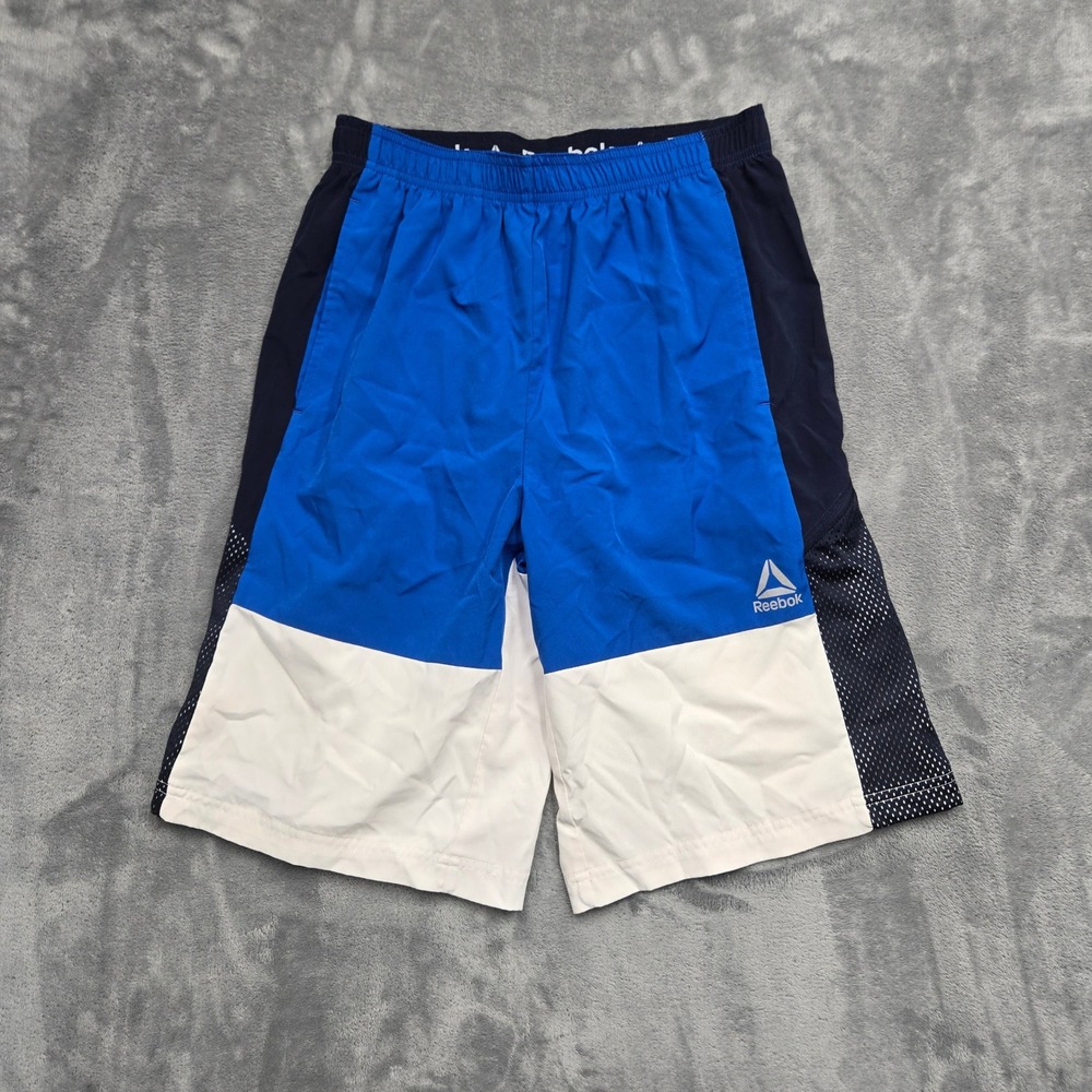 Reebok Kids Boys Size 18 2XL XXL Blue White Colorblock Mesh Athletic Gym Shorts